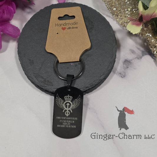 Keychain - Black - Stainless Steel Dog Tag Pendant- Family Is Not Blood