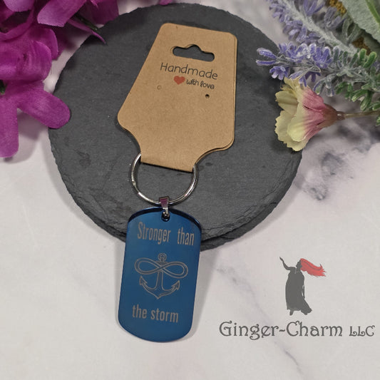 Keychain - Blue - Stainless Steel Dog Tag Pendant- Stronger Than The Storm