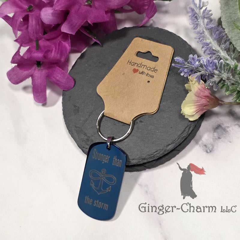 Keychain - Blue - Stainless Steel Dog Tag Pendant- Stronger Than The Storm
