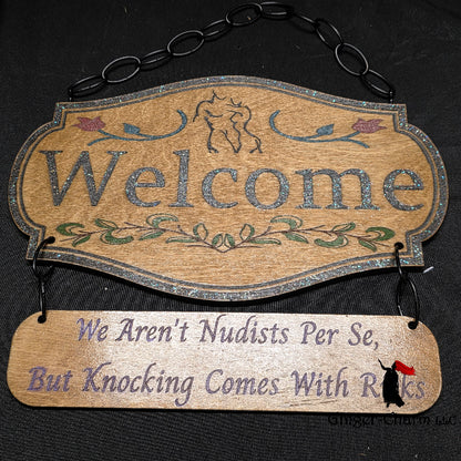 Wooden Sign - Two Tiered - Knocking Comes With Risks
