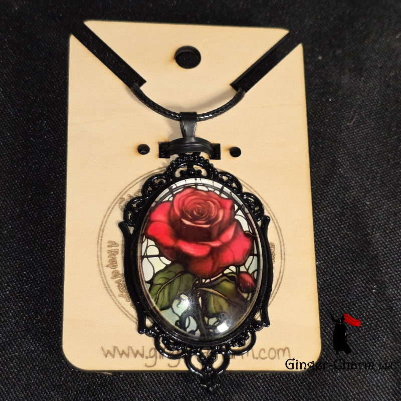 Necklace -Gothic Filigree Oval Cameo Pendant  – Mystical Glass Cabochon