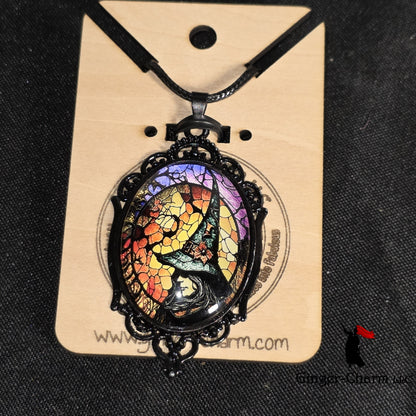 Necklace -Gothic Filigree Oval Cameo Pendant  – Mystical Glass Cabochon