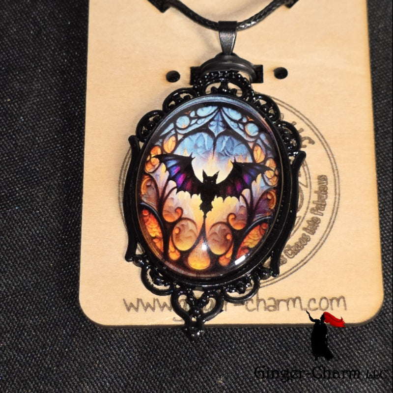 Necklace -Gothic Filigree Oval Cameo Pendant  – Mystical Glass Cabochon