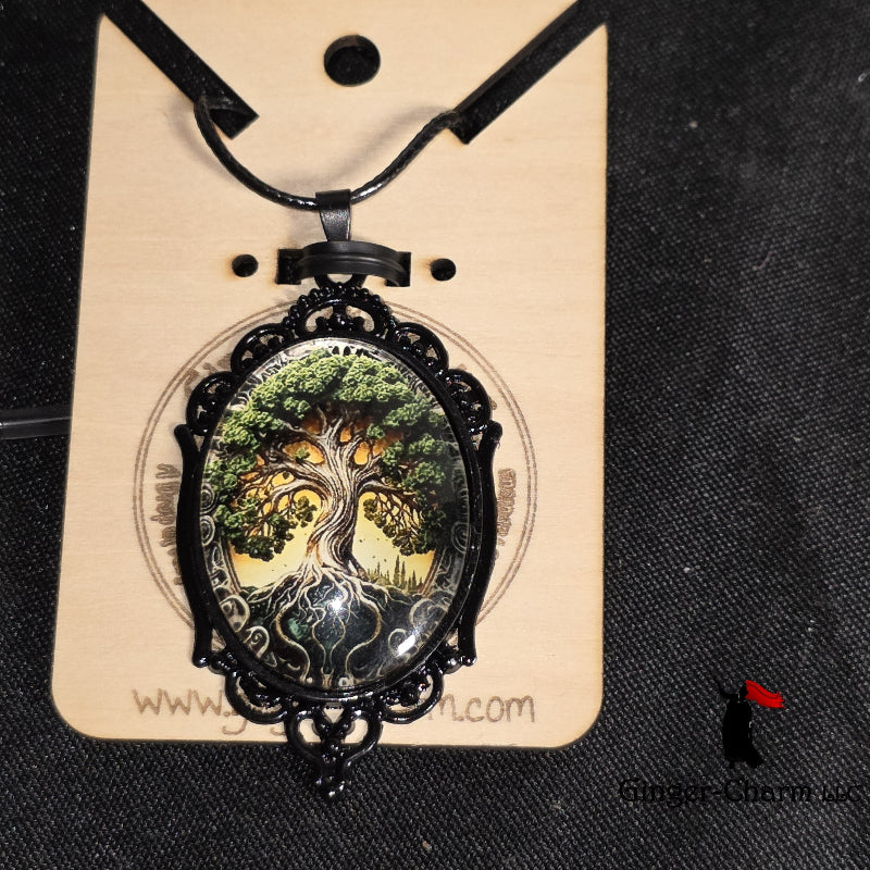Necklace -Gothic Filigree Oval Cameo Pendant  – Mystical Glass Cabochon