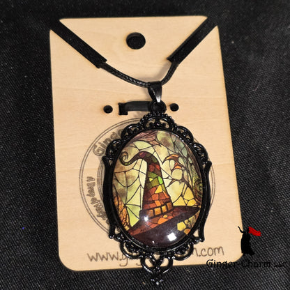 Necklace -Gothic Filigree Oval Cameo Pendant  – Mystical Glass Cabochon