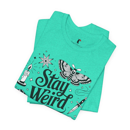 Stay Weird Graphic Tee — Witchy Moth Candle Dice Illustration