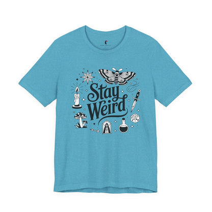 Stay Weird Graphic Tee — Witchy Moth Candle Dice Illustration