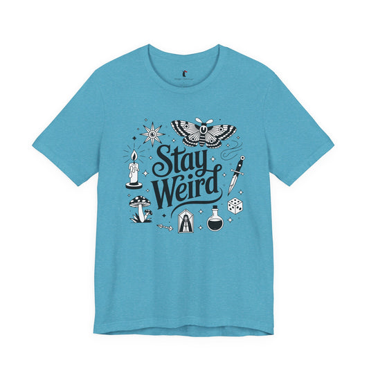 Stay Weird Graphic Tee — Witchy Moth Candle Dice Illustration