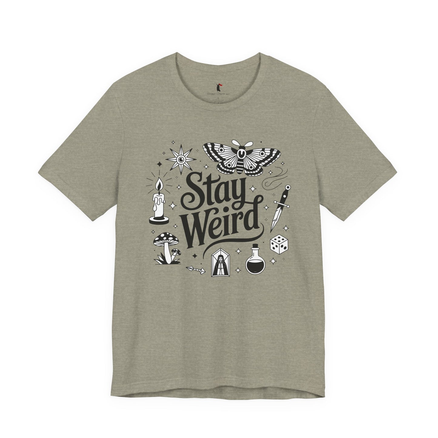 Stay Weird Graphic Tee — Witchy Moth Candle Dice Illustration