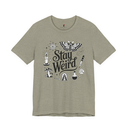 Stay Weird Graphic Tee — Witchy Moth Candle Dice Illustration