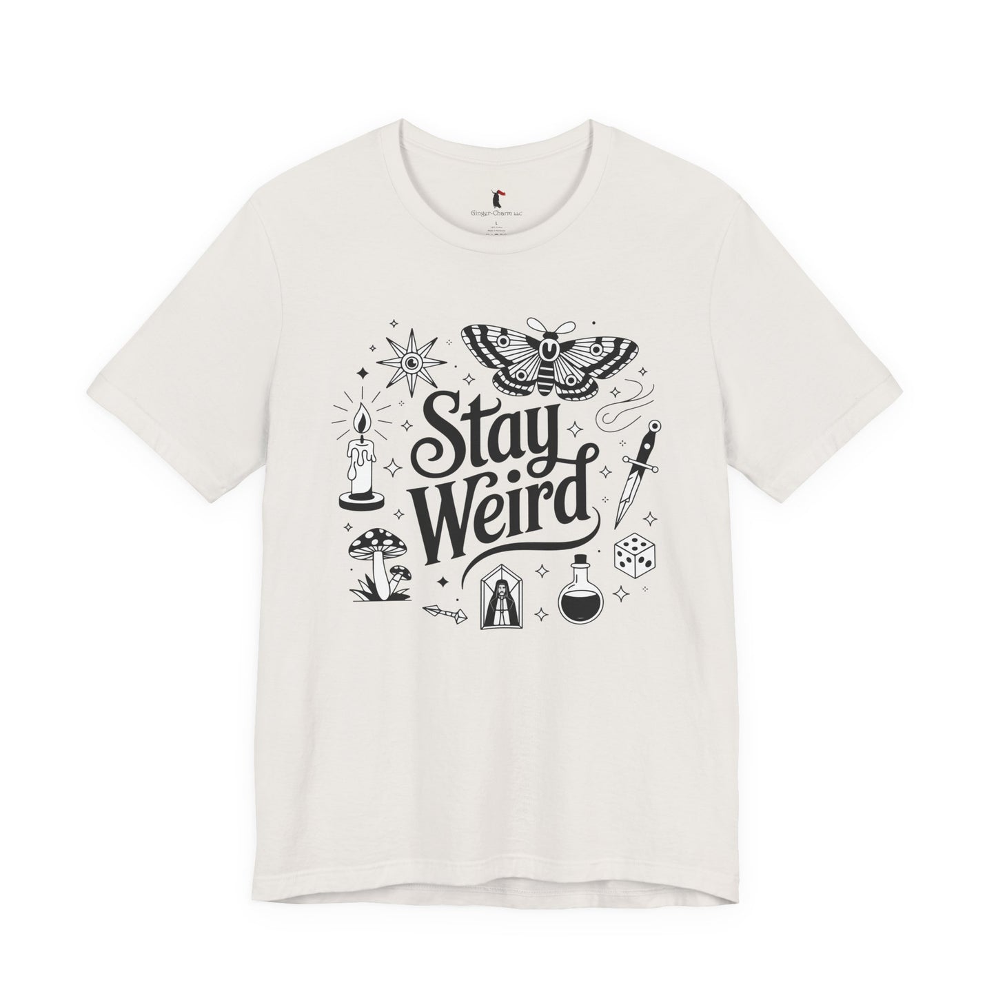 Stay Weird Graphic Tee — Witchy Moth Candle Dice Illustration