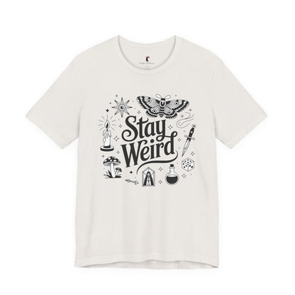 Stay Weird Graphic Tee — Witchy Moth Candle Dice Illustration