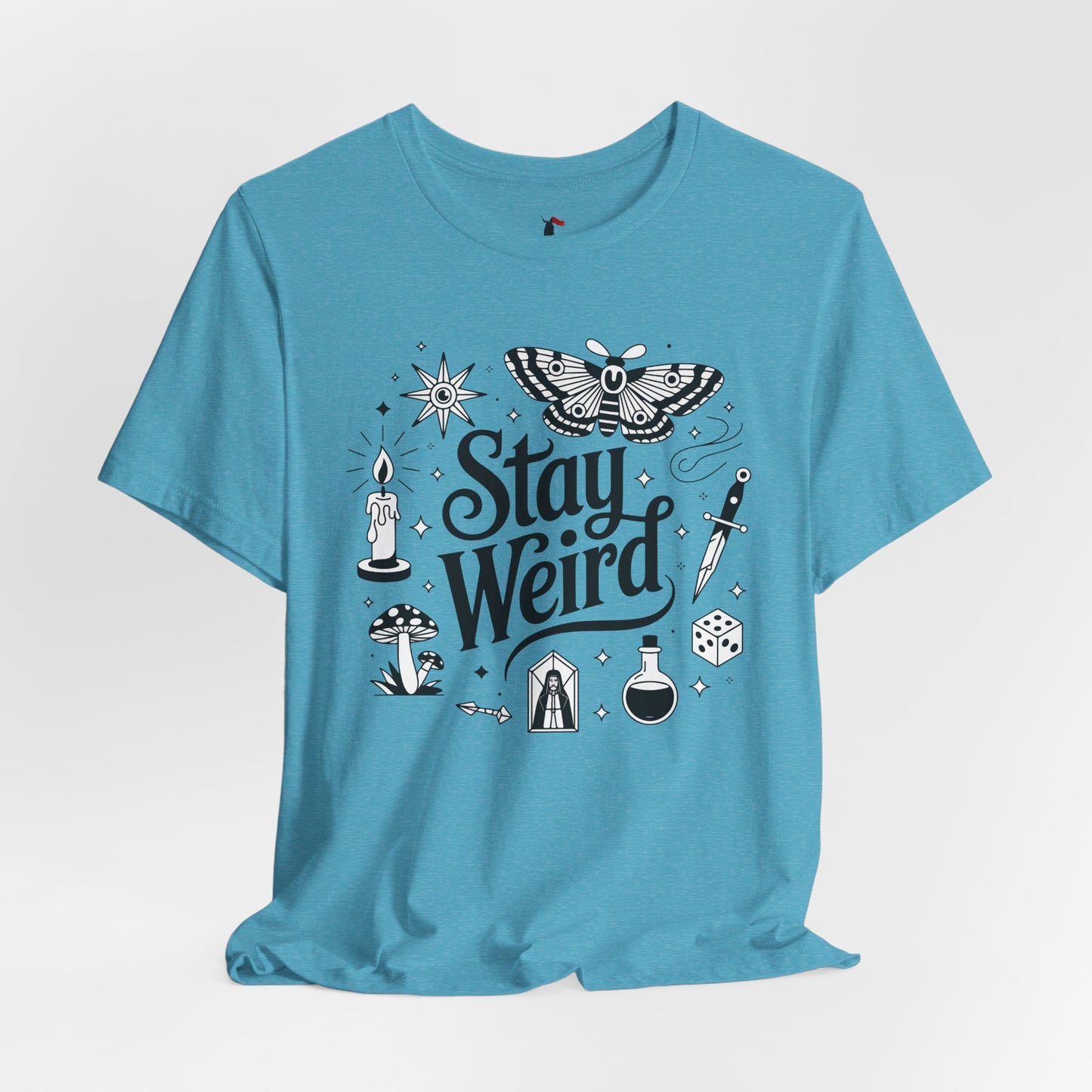 Stay Weird Graphic Tee — Witchy Moth Candle Dice Illustration