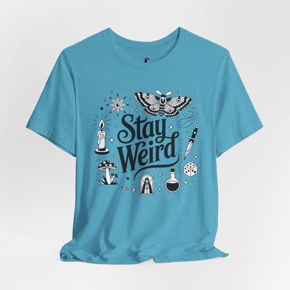 Stay Weird Graphic Tee — Witchy Moth Candle Dice Illustration