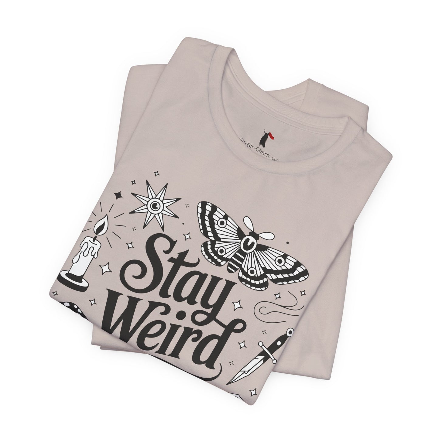 Stay Weird Graphic Tee — Witchy Moth Candle Dice Illustration
