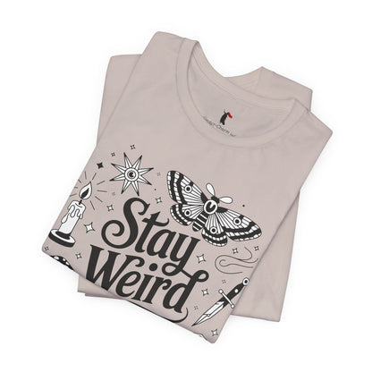 Stay Weird Graphic Tee — Witchy Moth Candle Dice Illustration