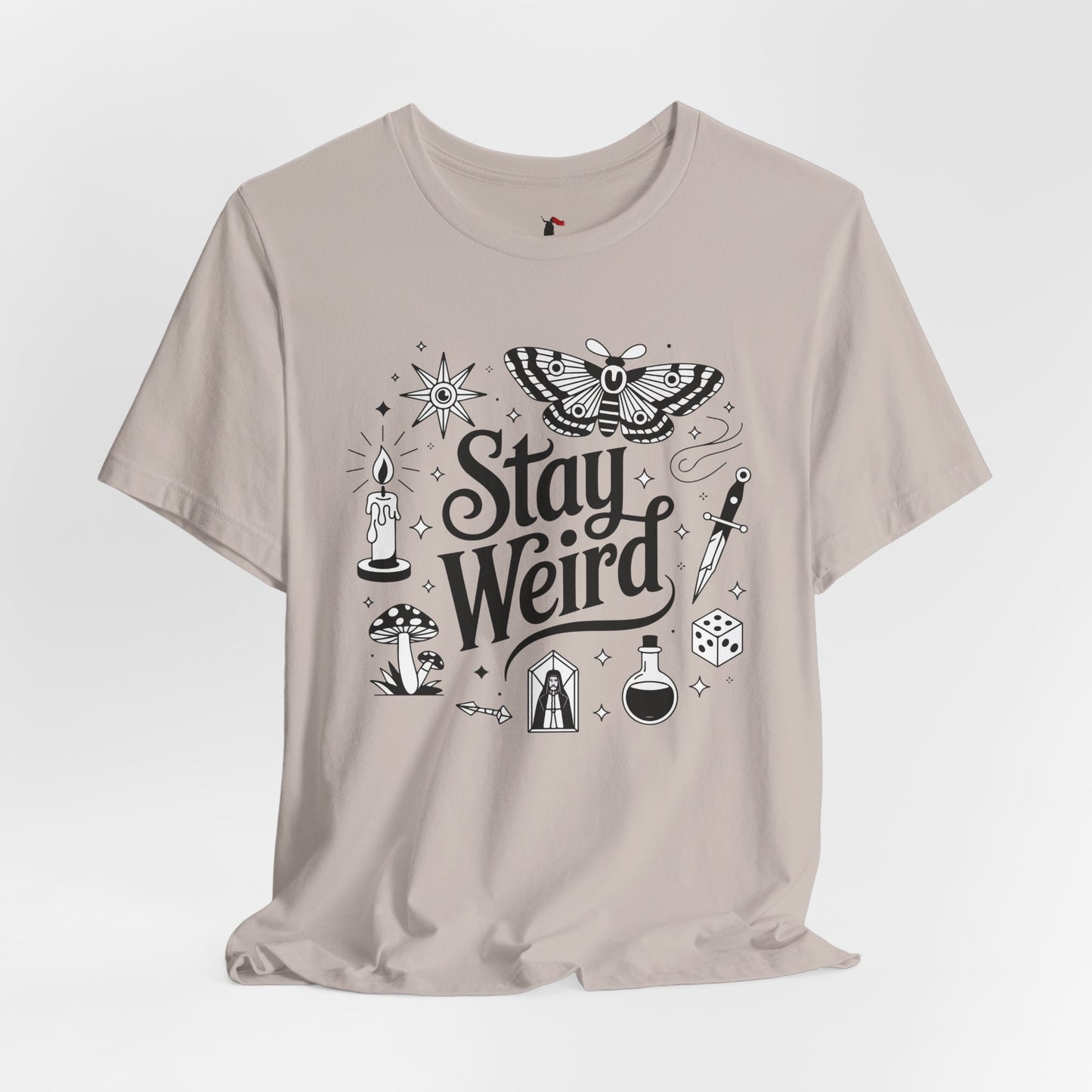 Stay Weird Graphic Tee — Witchy Moth Candle Dice Illustration