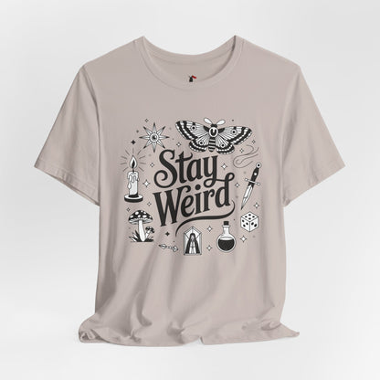 Stay Weird Graphic Tee — Witchy Moth Candle Dice Illustration