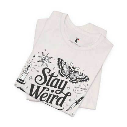 Stay Weird Graphic Tee — Witchy Moth Candle Dice Illustration