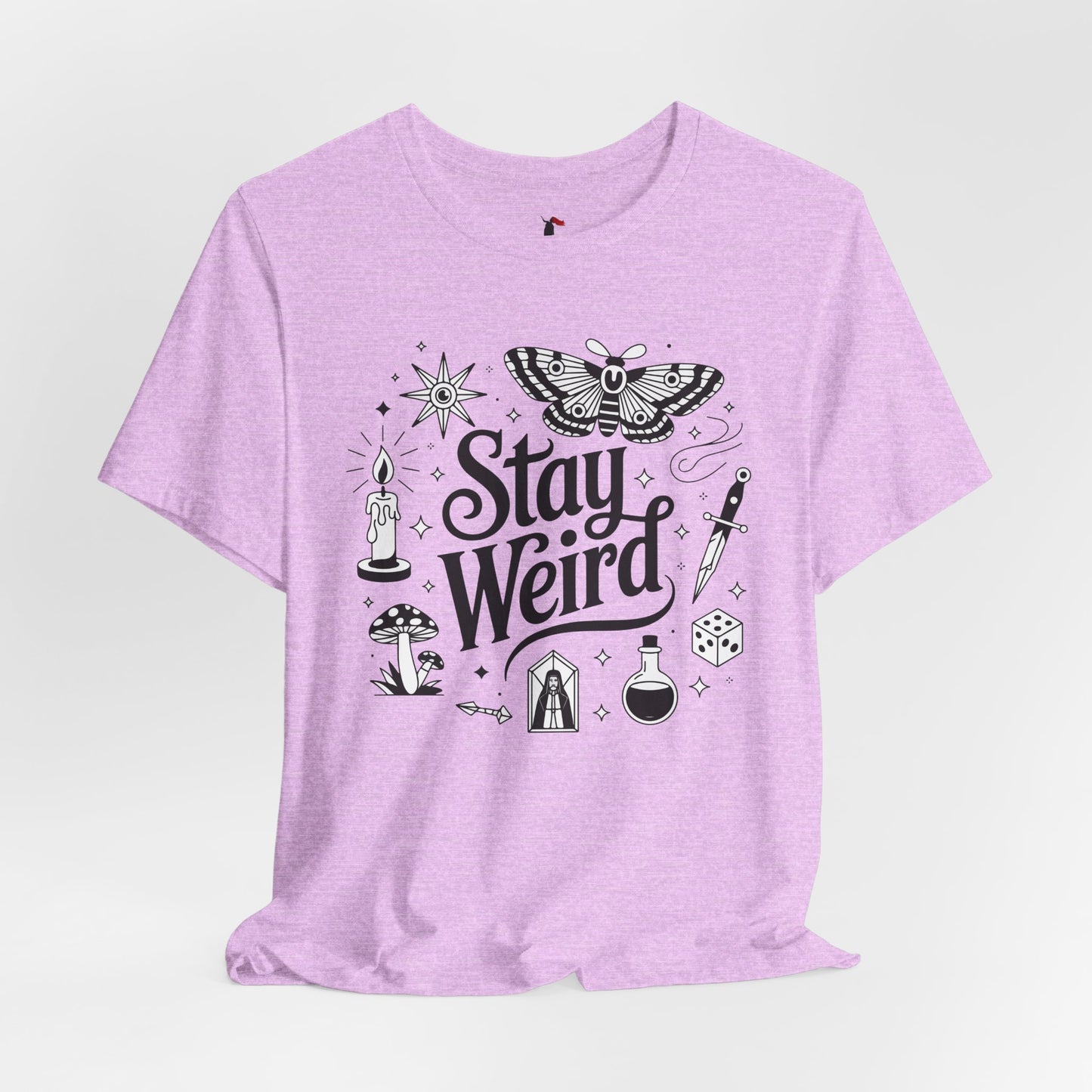 Stay Weird Graphic Tee — Witchy Moth Candle Dice Illustration
